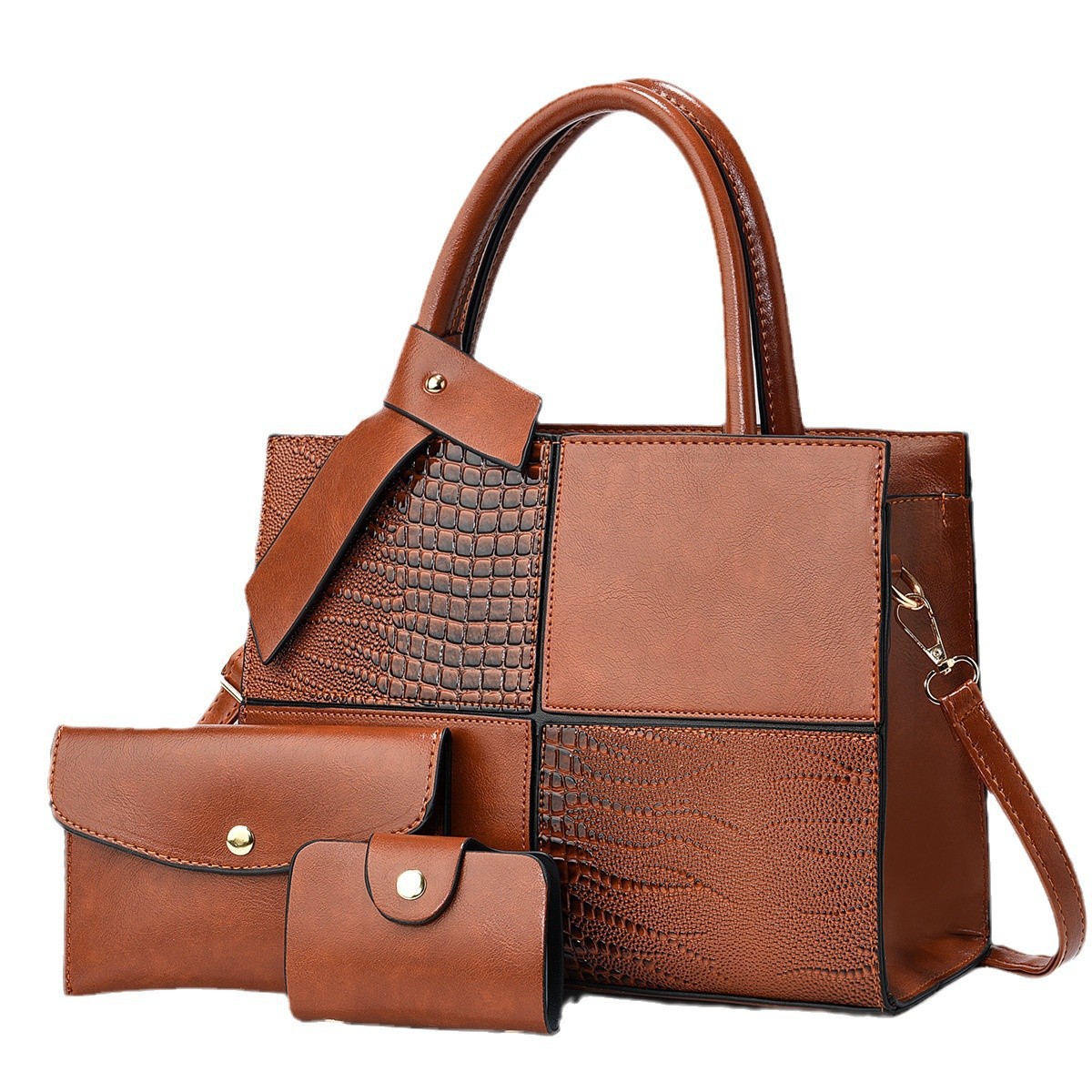 New fashionable cross-border three-piece women's bag patchwork handbag, versatile for cross-border commuting, large-capacity single-shoulder handbag Item Picture