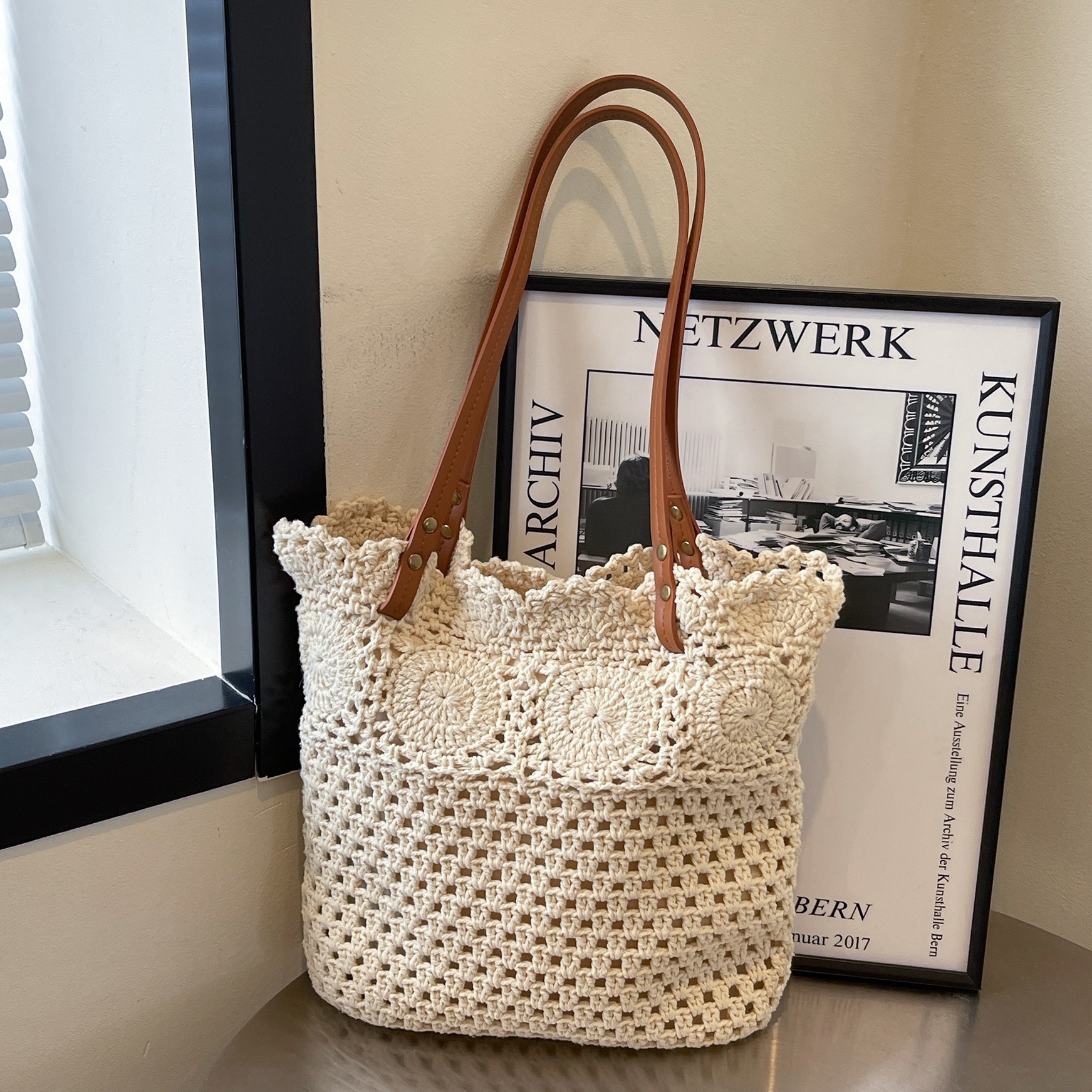 Korean hollowed-out cotton rope woven underarm tote women's bag 2025 new style hand-held bucket bag Beach vacation bag full figure