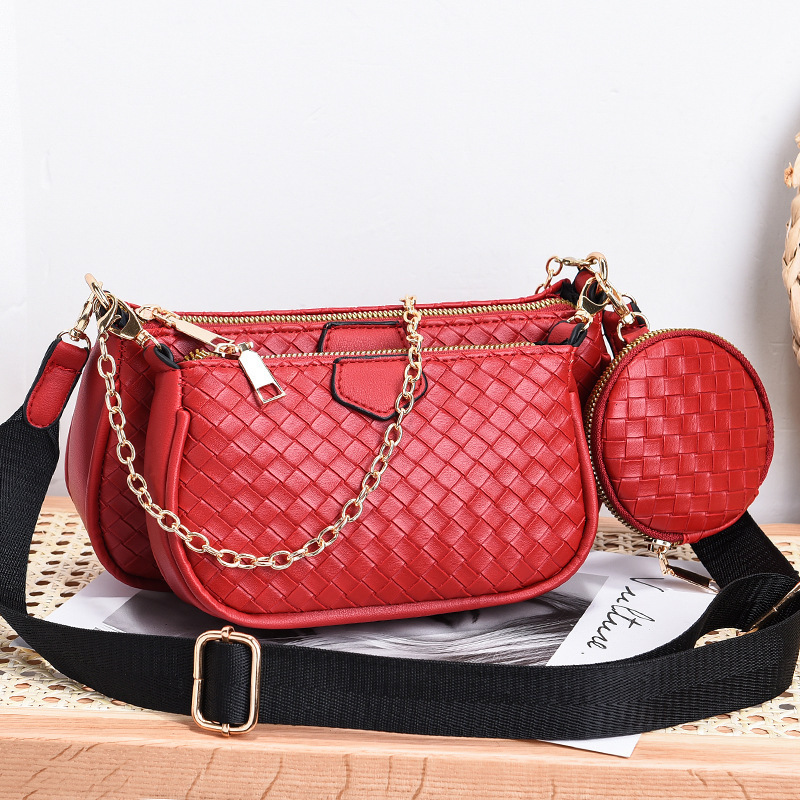 Woven texture PU leather three-in-one women's bag 2022 new triplet crossbody bag, small bag, fashionable and popular women's bag Item Picture