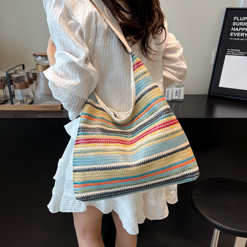 Large bag, women's colorful underarm bag, woven commuter tote bag, straw woven large capacity, 2025 new style versatile shoulder bag details Picture