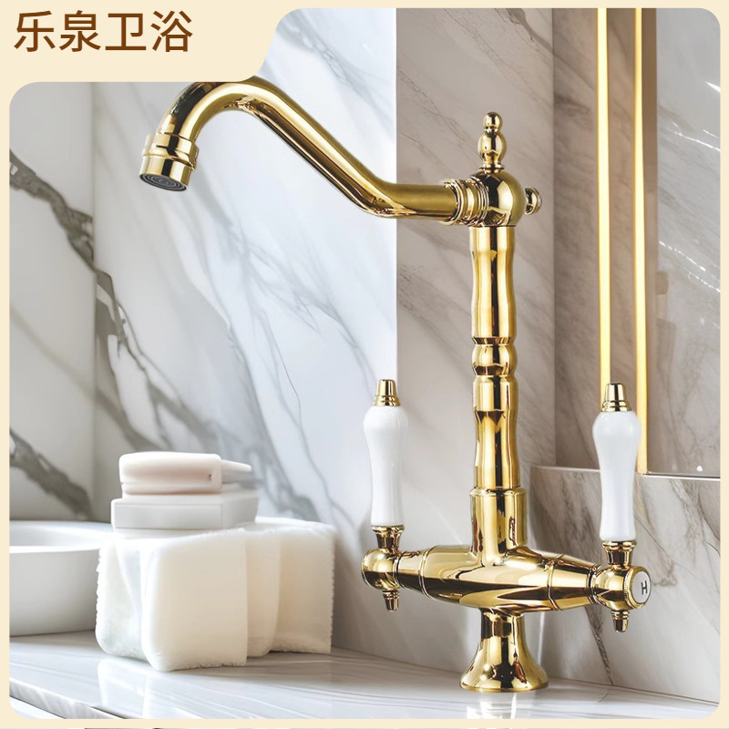 French-style faucet, retro copper single handle washbasin, ceramic cold and hot handle washbasin faucet full figure