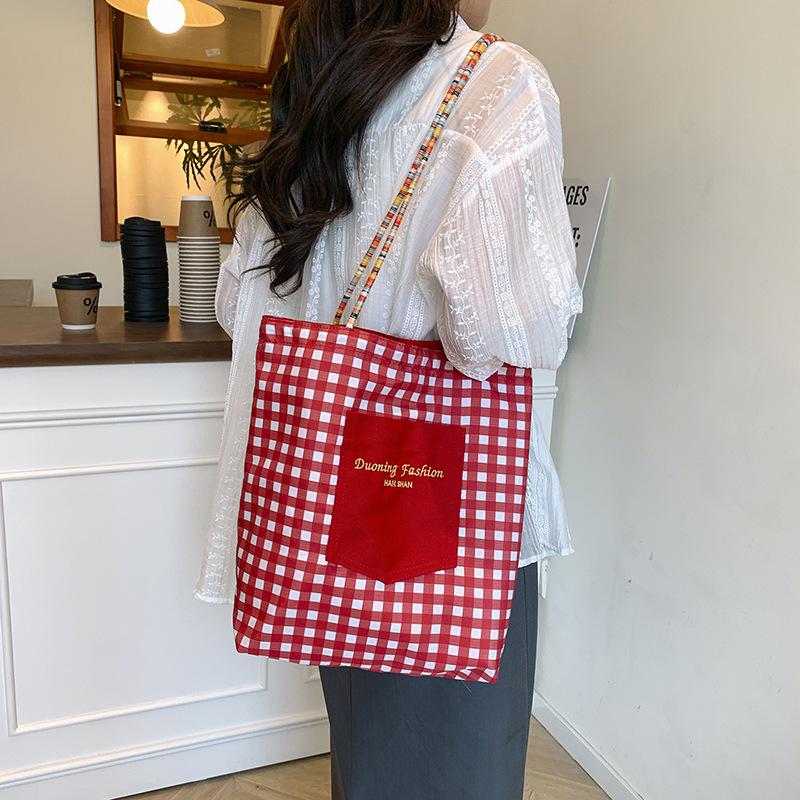 American double-bread checkered canvas bag, women's commuter tote bag, retro color-blocking handbag, new spring bucket bag Specification drawing