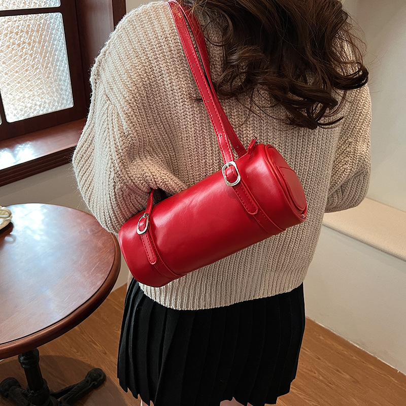 Korean version hand-held cylindrical bag PU simple and fashionable 2025 new single-shoulder bag for women, niche design, versatile underarm bag for women details Picture