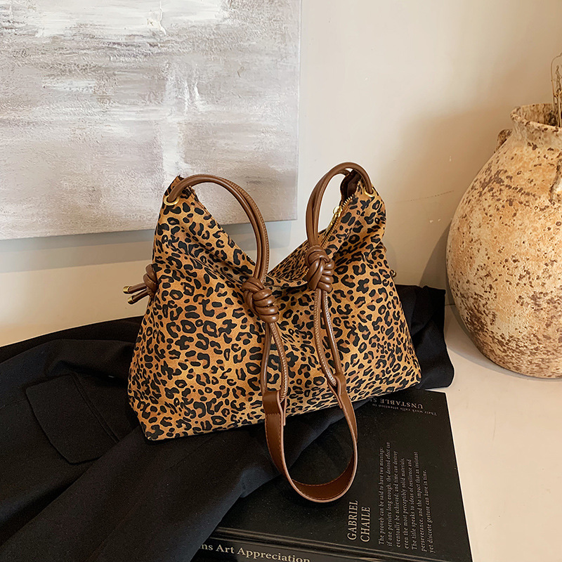 Fashionable and trendy leather and velvet women's 2024 new Korean version leopard print tote bag, large-capacity single-shoulder bag Specification drawing