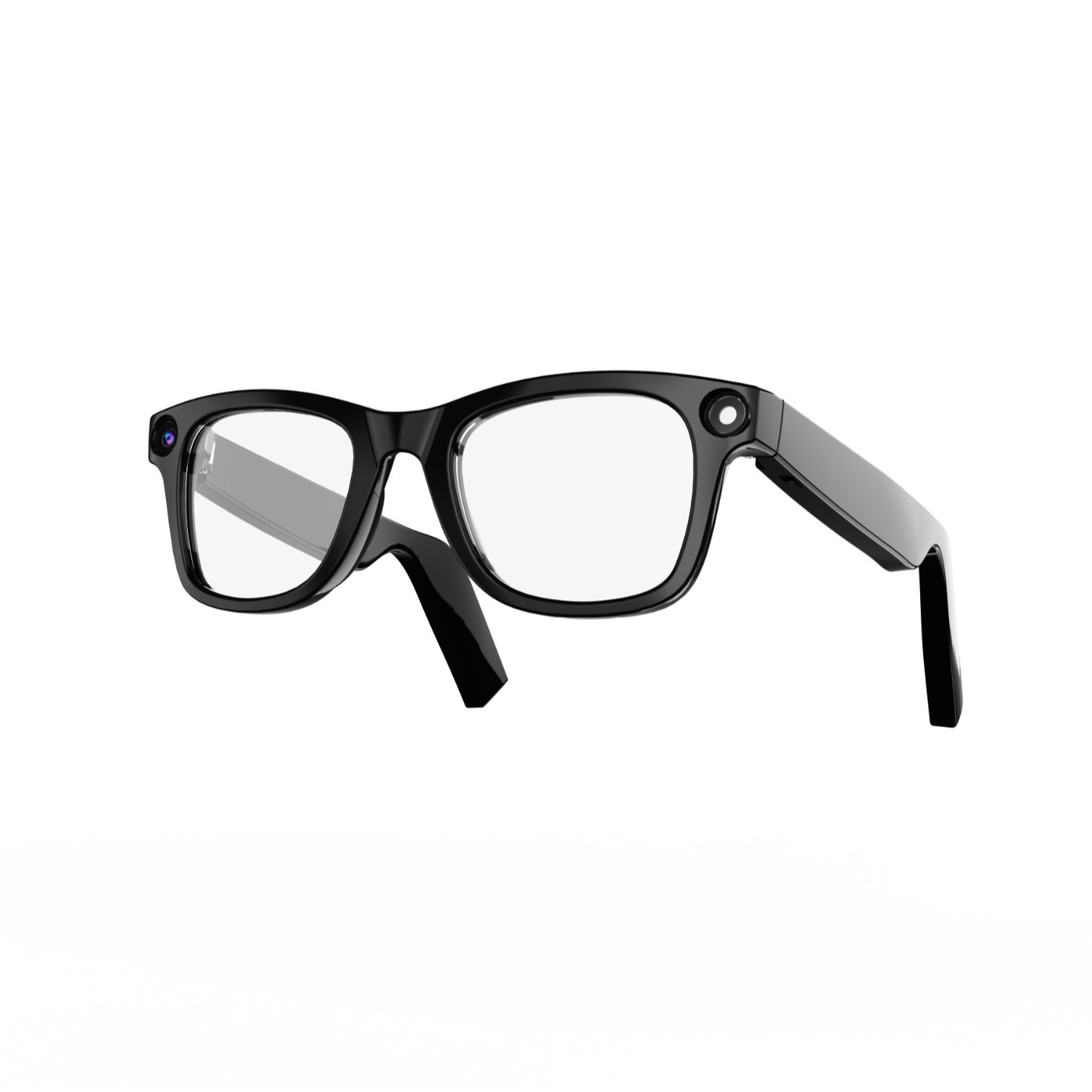 AI smart glasses E02 feature high-definition anti-shake, photo and video recording, voice assistant, noise reduction, AI recognition, question-and-answer, and real-time translation full figure