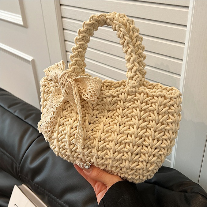 Summer straw woven bag, women's stylish bow hand-held bucket bag, trendy silk scarf, beach vacation woven bag full figure