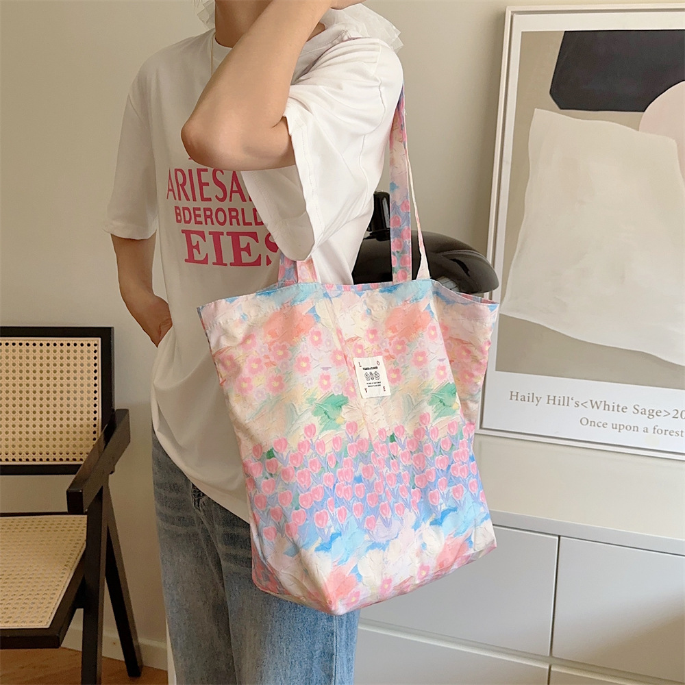 26101 New single-shoulder floral cotton Bag 2023ins Pink Flower Sea Large Capacity Canvas tote handbag Application Scenario
