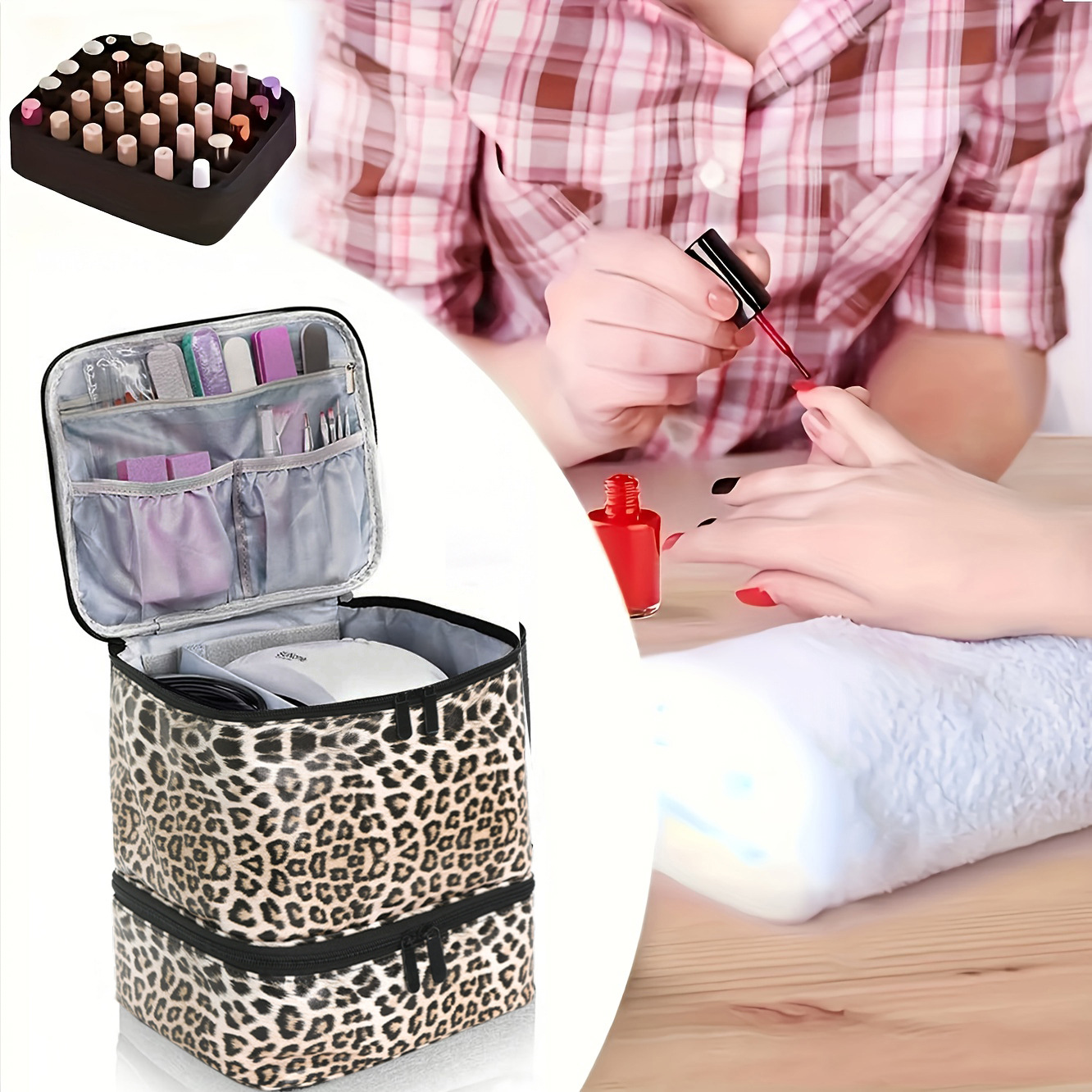 Nail polish storage bag, portable nail care, double-layer raised large-capacity essential oil bag, can hold a stand lamp, 30 bottles Application Scenario
