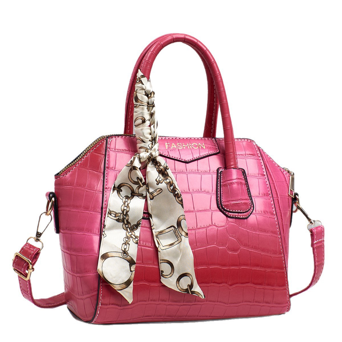 High-end patent leather crocodile pattern shell bag, 2025 new fashion bag, single-shoulder bag, slanted and elegant silk scarf handbag Item Picture