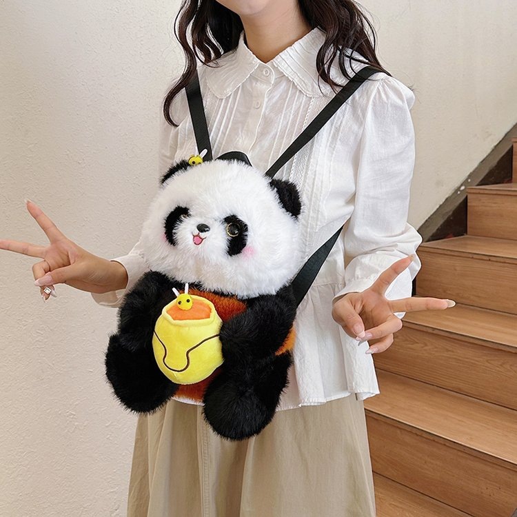New cute panda flower flower doll backpack backpack, cartoon children's doll, panda souvenir plush bag for girls details Picture