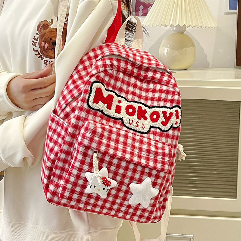 A new cartoon double backpack with large capacity, retro red checkered, school-style KT backpack, Japanese-style cute girl's double shoulders Specification drawing