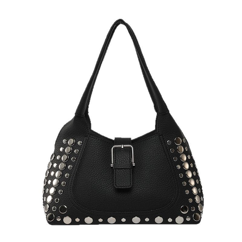 Cross-border retro rivet solid color handbag for women, 2025 new style, high-end texture, simple and large capacity single-shoulder armpit bag Item Picture
