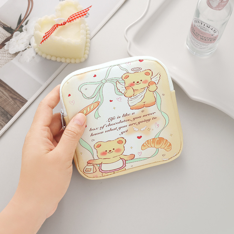 Cartoon cute storage bag, women's makeup bag, headphones, keys, cards, small item storage box, sanitary napkin bag, waterproof leather Specification drawing