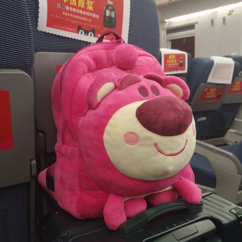 Strawberry Bear Korean-style backpack, cute schoolbag, plush cartoon, girlish heart, ins Japanese-style backpack, middle school and junior high school students details Picture
