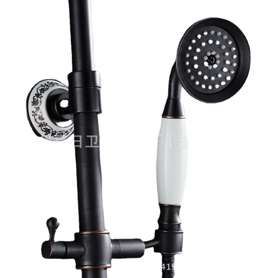 Blue and white porcelain black bronze shower head set, European retro double-handle mixed water shower faucet with lifting rod Item Picture