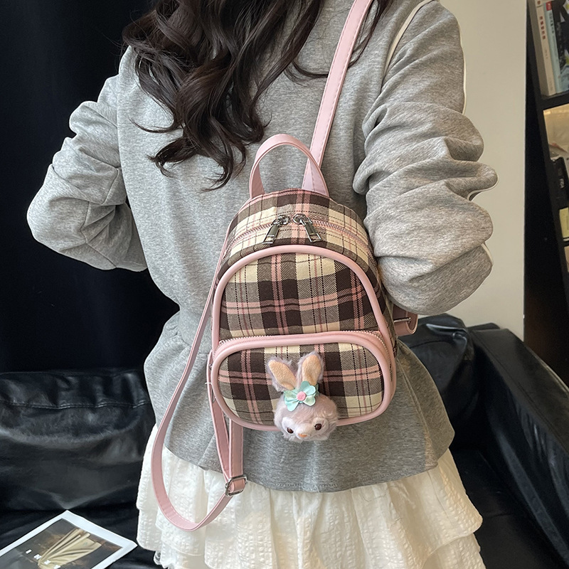 This is a cute checkered handbag for women, a new model of a niche canvas backpack in 2025, and a versatile Korean-style mini backpack details Picture