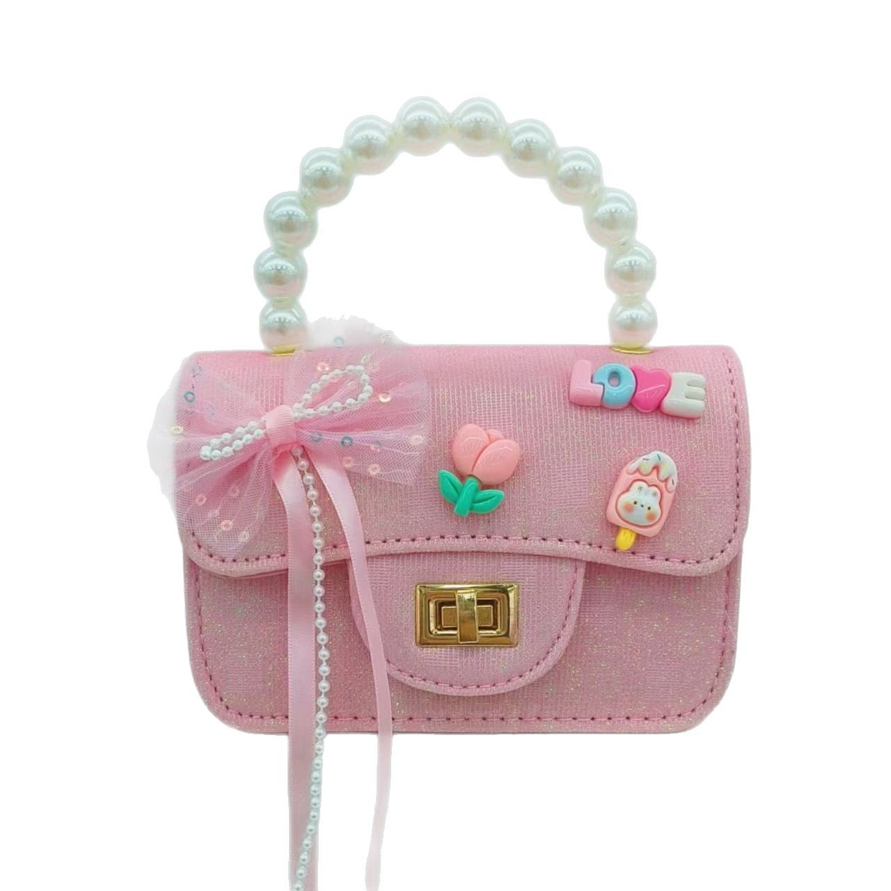 Bow tassel princess bag, pearl handbag, shoulder bag, little girl crossbody bag, small square bag, loose change accessory bag Item Picture