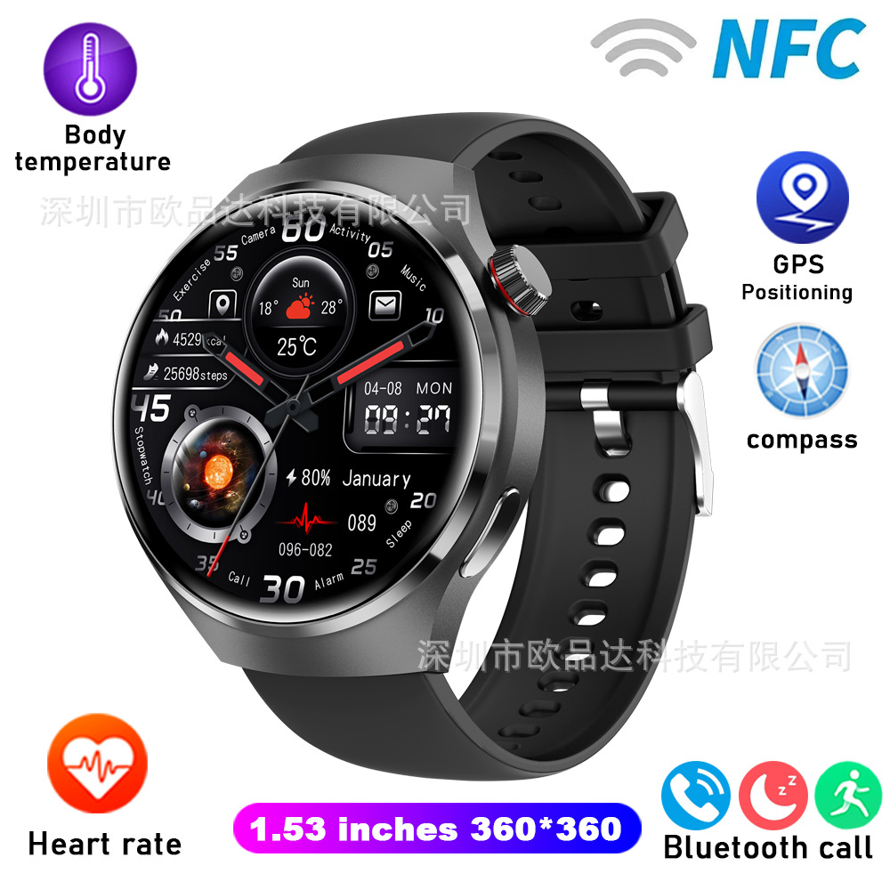 The cross-border bestseller Gt4PRO sports smartwatch with a round screen features Bluetooth communication, water resistance, and voice assistance full figure