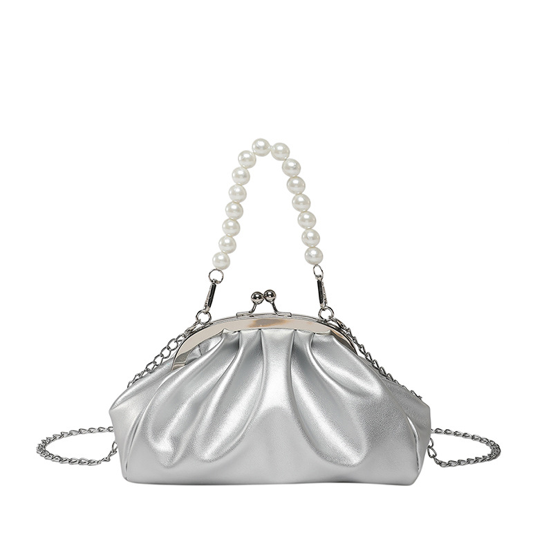 Pearl chain hand-held small bag for women, 2025 new style, niche pleated chain crossbody bag, small and textured flap bag Item Picture