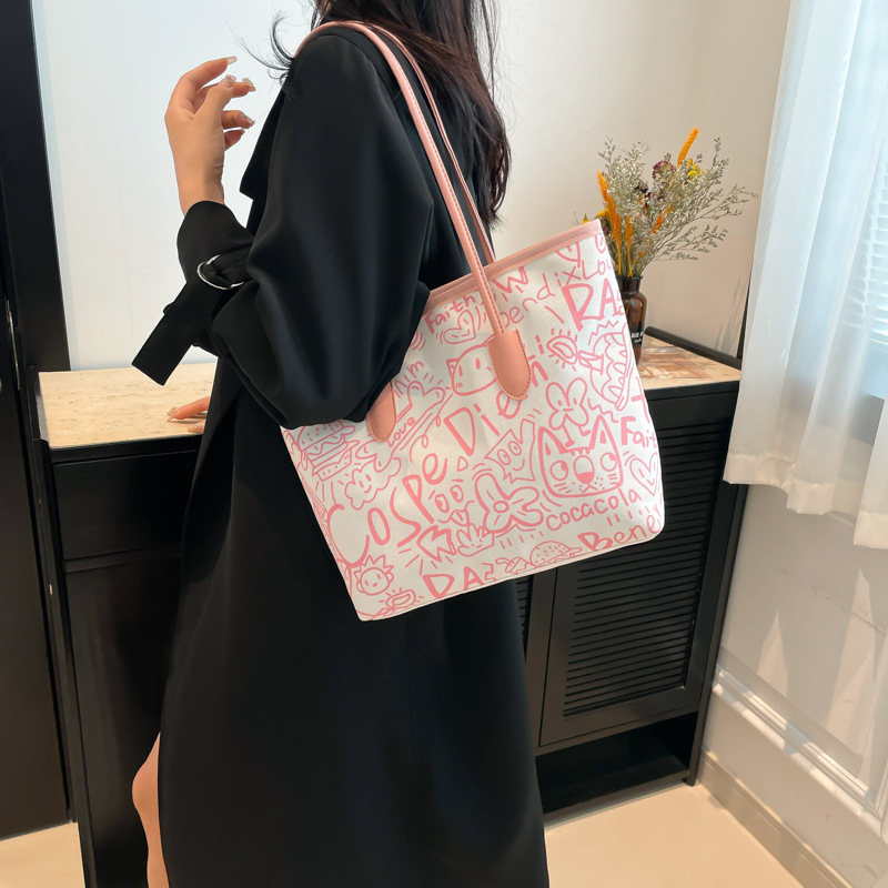 Graffiti canvas bag for women, 2024 new style casual single-shoulder bag, versatile, large-capacity student commuting tote bag details Picture