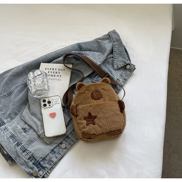Cute Capibara doll bag for women, new autumn plush single-shoulder bag for women, crossbody daily mobile phone bag details Picture