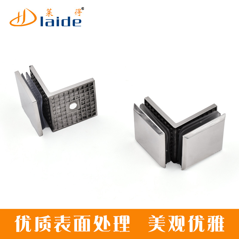 Foreign trade bathroom glass clamps, glass fixing clamps, stainless steel shower room corner codes, shower room glass clamps are precisely cast at 90 degrees Specification drawing