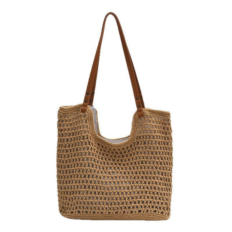 Niche hollowed-out straw woven bags, trendy vacation beach and beach woven bags for women, large-capacity commuting single-shoulder tote bags for summer Item Picture