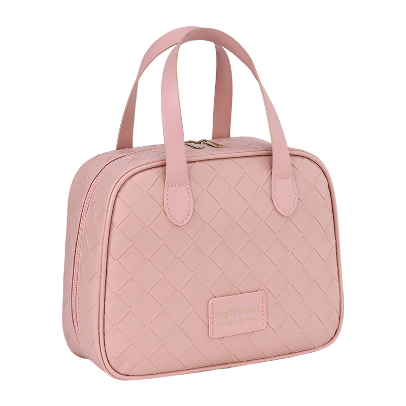 New high-appearation-level makeup bag, travel woven pattern, cream, large capacity, hand-held, half-curved cosmetics, washroom storage Item Picture