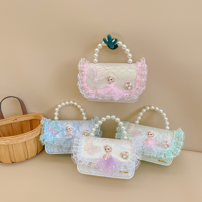 Children's bag, stylish girl's small square bag, pearl handbag, lace bow single-shoulder bag, cute princess crossbody bag full figure