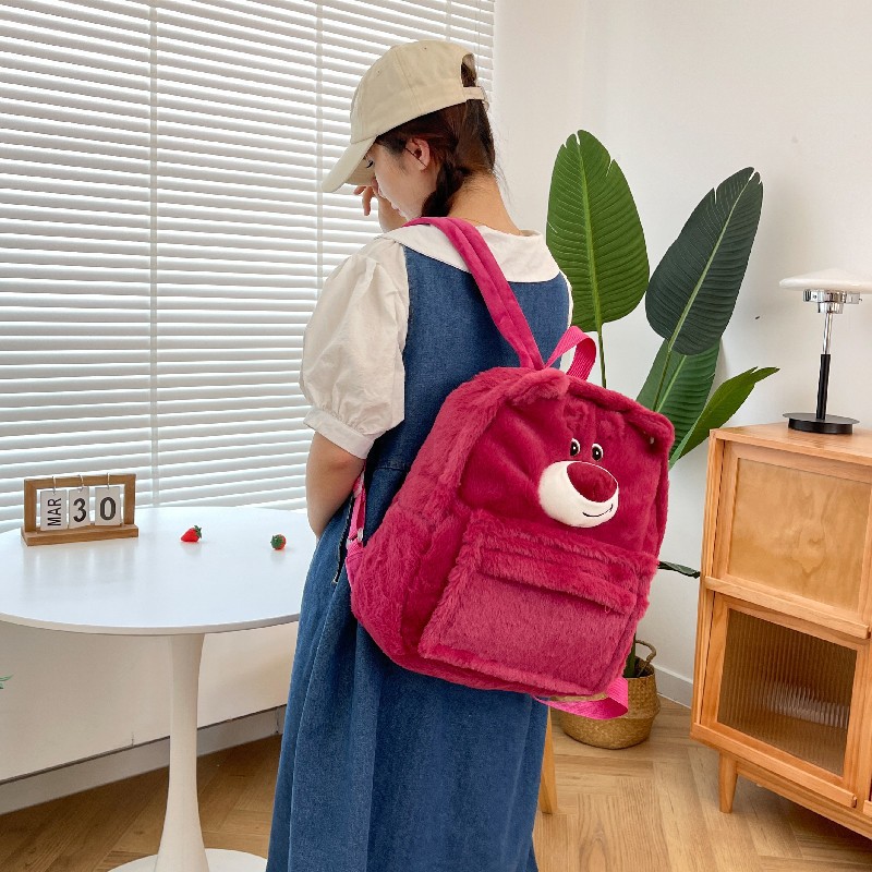 Cartoon strawberry bear Sullivan three-dimensional funny large-capacity schoolbag, cute and girlish plush backpack, versatile girls' bag details Picture