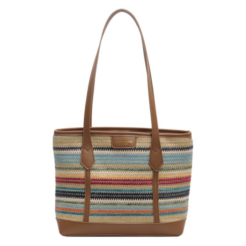 Large-capacity spliced hand-held straw woven bag for women, summer fashion and casual woven bag, seaside and beach single-shoulder tote bag Item Picture