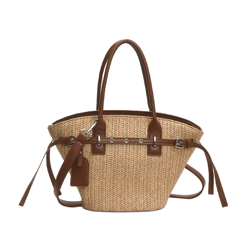Fashionable straw weaving bag, large-capacity casual bucket bag, Korean-style handbag, vacation single-shoulder bag, elegant and stylish crossbody bag Item Picture