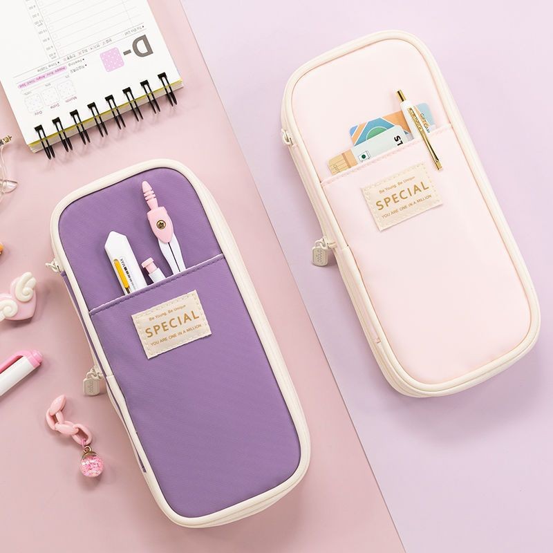Macaron retractable pen case, large-capacity Amazon simple stationery box wholesale, double-layer color-blocked canvas student pen case Application Scenario