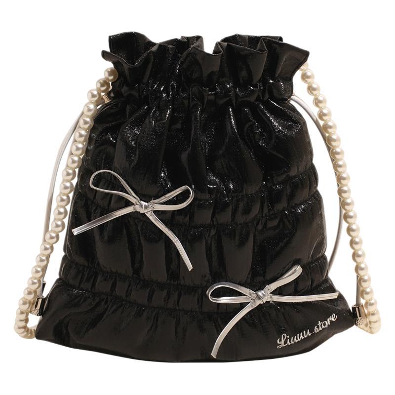 Trendy and fashionable bow pleated large-capacity bucket bag 2025 new beaded bright color travel single-shoulder crossbody bag Item Picture