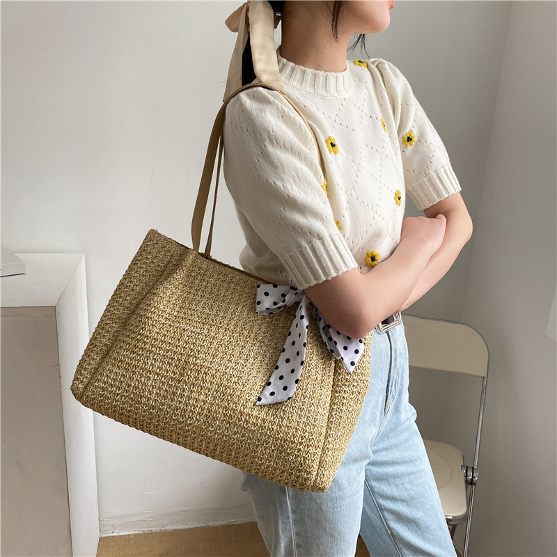 Large-capacity straw woven tote bag for women, 2024 new style fashionable shoulder bag, casual woven bag, commuter bag details Picture