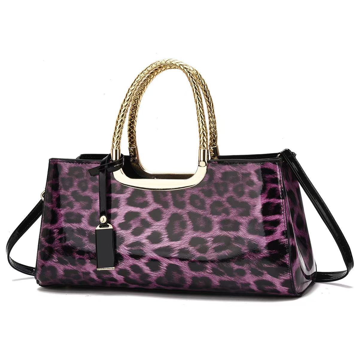 Leopard print stylish evening handbag, 2025 new large-capacity Boston bag, women's single-shoulder bag, embossed shiny leather, slanted details Picture