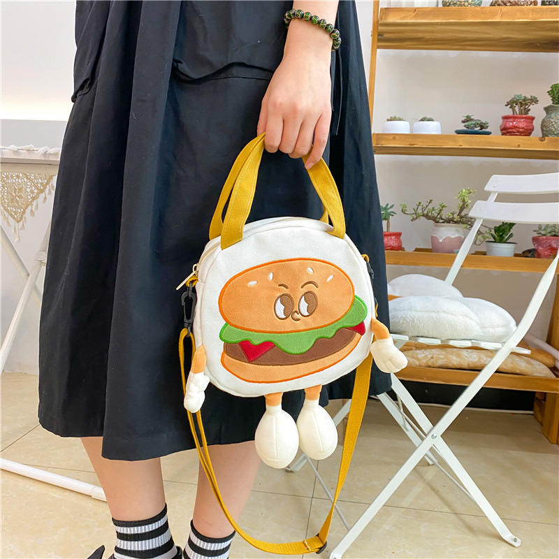A new cartoon canvas burger crossbody handbag with large capacity, a trendy Japanese style and a girlish heart, a school backpack and birthday gift details Picture