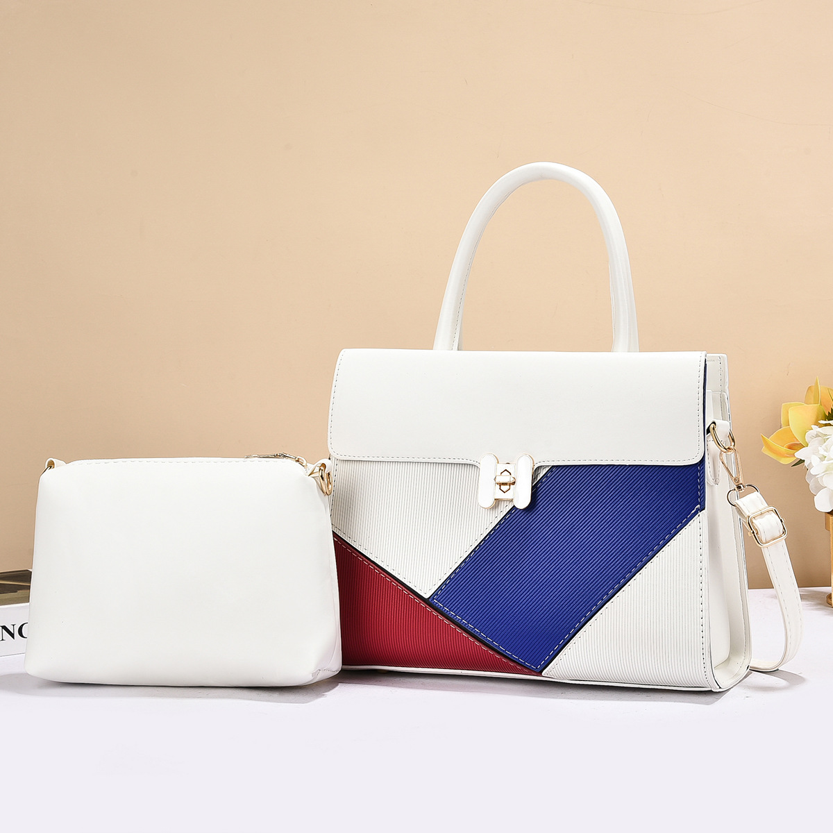 Cross-border foreign trade spliced women's crossbody bag, European and American PU business handbag, women's two-piece set Specification drawing