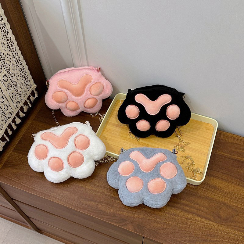 New cute plush crossbody bag, cat paw crossbody bag for women, new ins single-shoulder soft girl cartoon chain doll bag full figure