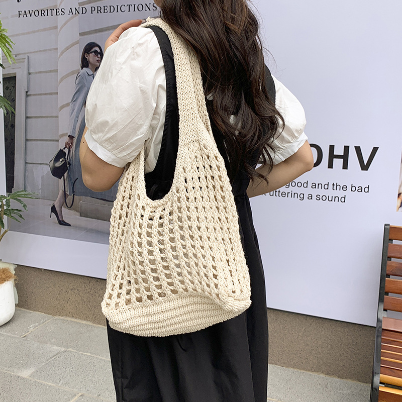 Large-capacity commuting high-end floral tote bag for women, 2025 new spring/Summer hollowed-out knitted bag, single-shoulder woven bag Specification drawing