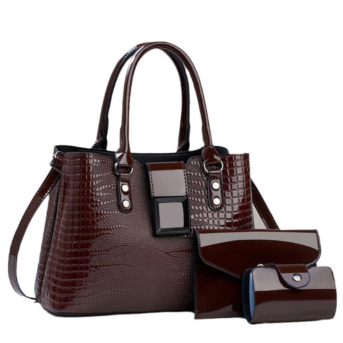 2023 New European and American three-piece set mother-and-child bag with shiny leather and lizard pattern, trendy large-capacity single-shoulder crossbody handbag Item Picture