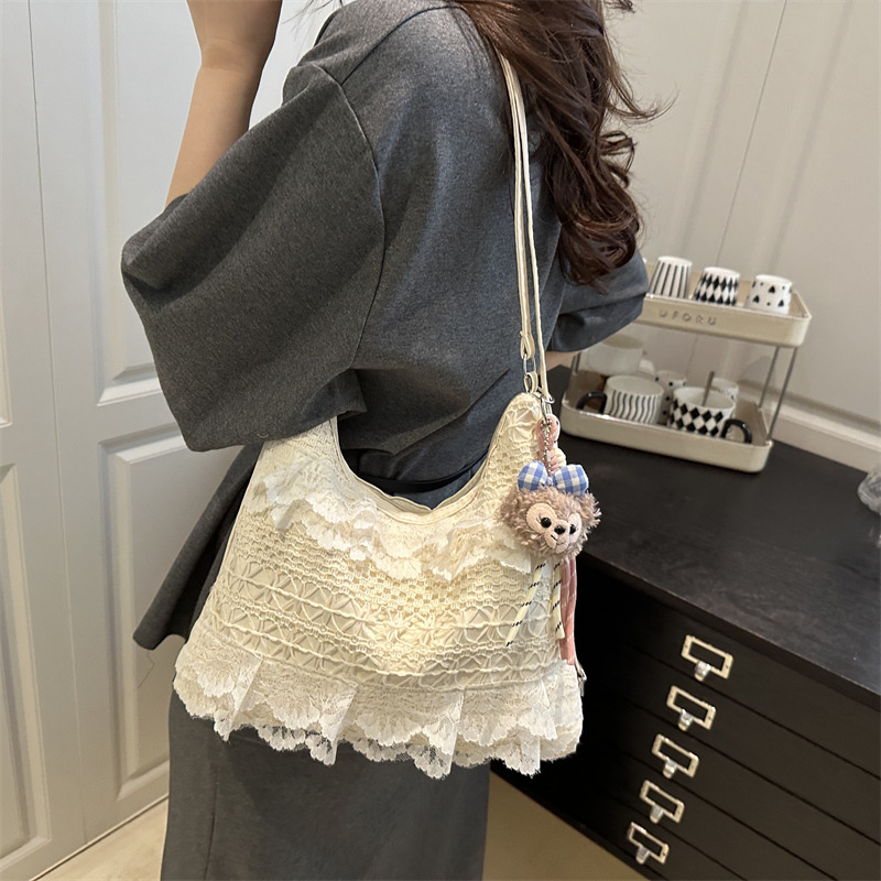2025 Summer Casual Vacation ethereal lace mesh tote bag, underarm single-shoulder crossbody bag, large-capacity commuter women's bag details Picture