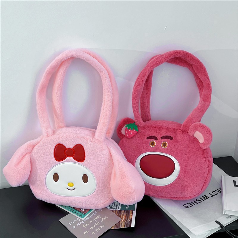 Cute Kuromi cartoon plush toy bag, Strawberry bear large-capacity single-shoulder bag, girls' Melody handbag details Picture