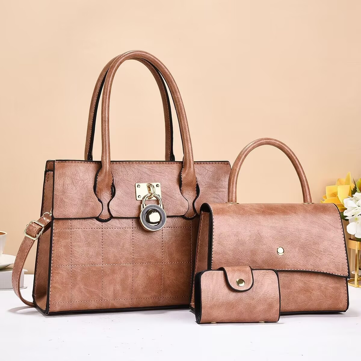 Three-piece set of fashionable tote bag, solid color single-shoulder crossbody bag, large capacity handbag, for women, 2025 new style, Korean style, trendy details Picture