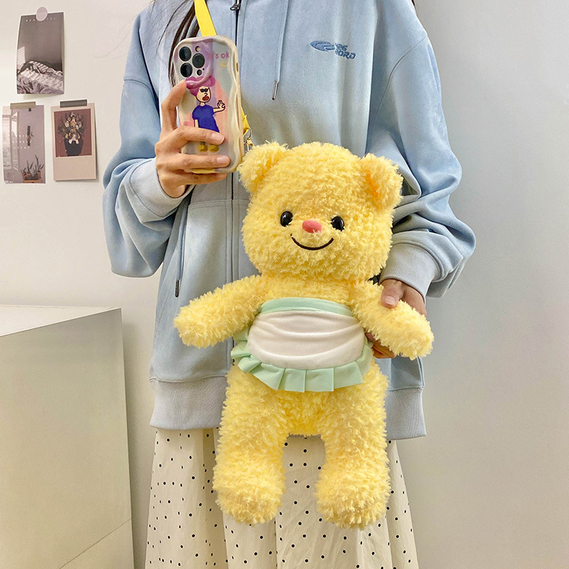 New fashionable cartoon plush butter bear, cute and soft bear doll backpack, cream bear doll bag Specification drawing