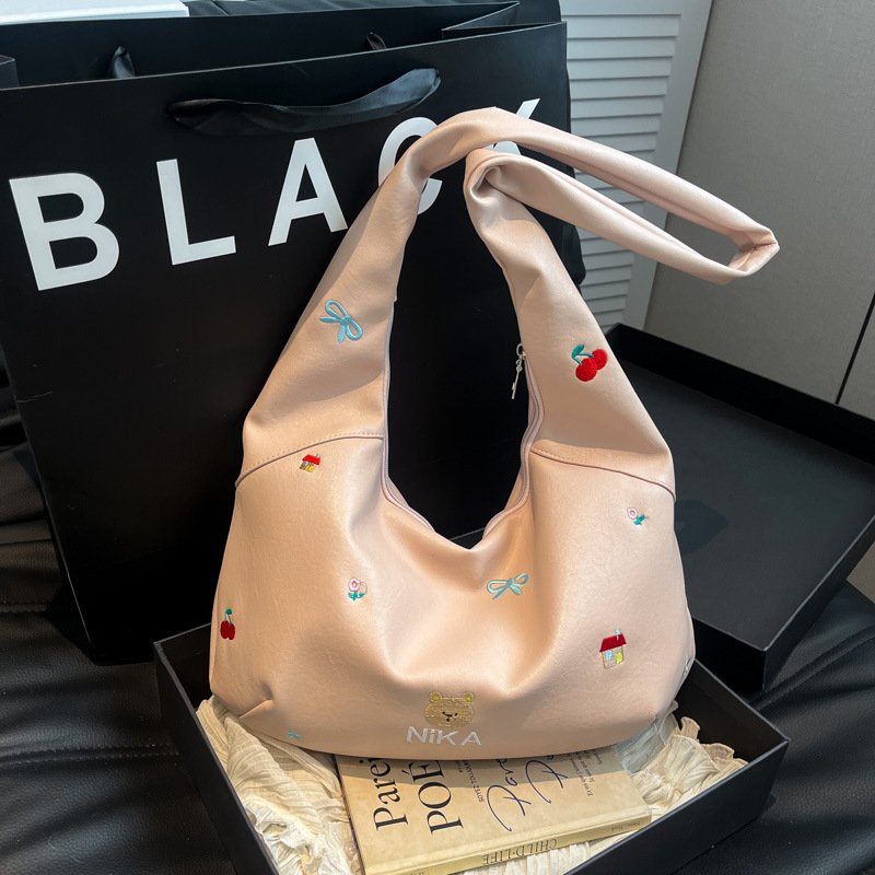 Korean-style embroidered large-capacity underarm bag for women, 2025 new niche commuter single-shoulder bag, casual and versatile crossbody bag full figure