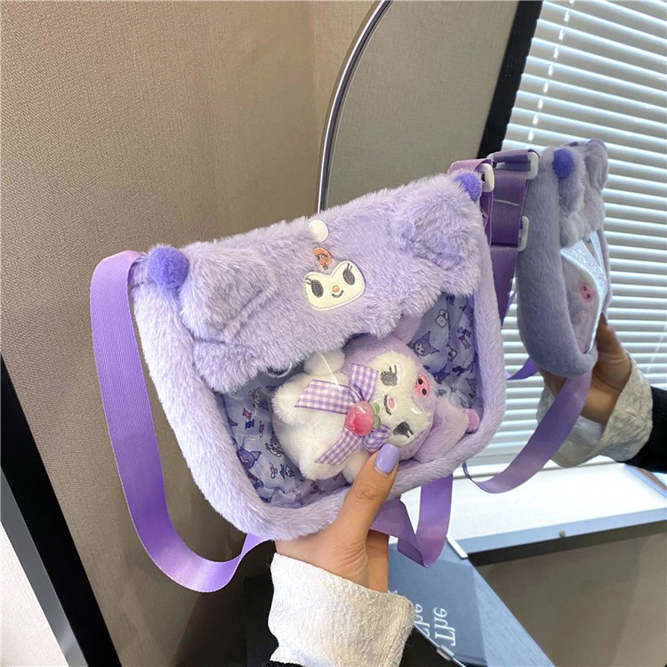 New cute transparent PVC Sanrio Kuromi Melody Cinnamon Dog plush toy crossbody bag details Picture