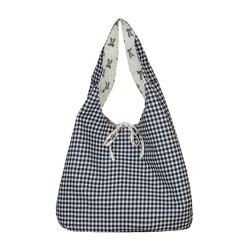 Korean-style retro checkered vest bag, lightweight and large-capacity shopping bag for girls, casual and versatile student canvas single-shoulder bag Item Picture