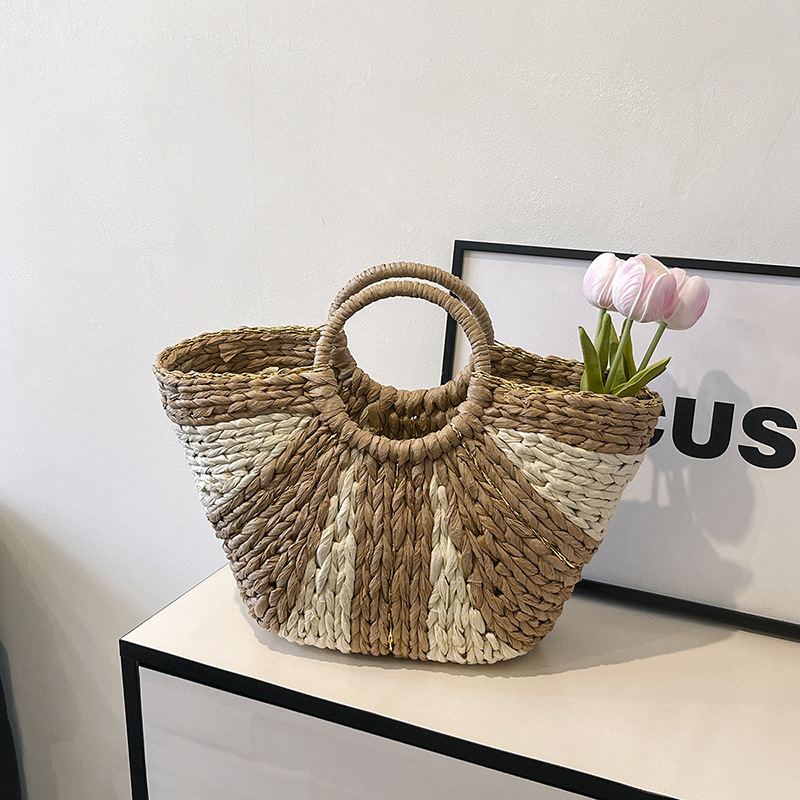 Large-capacity hand-held straw woven bag, new wide striped hand-held woven bag, vacation beach bag, color-blocking and versatile tote bag Specification drawing