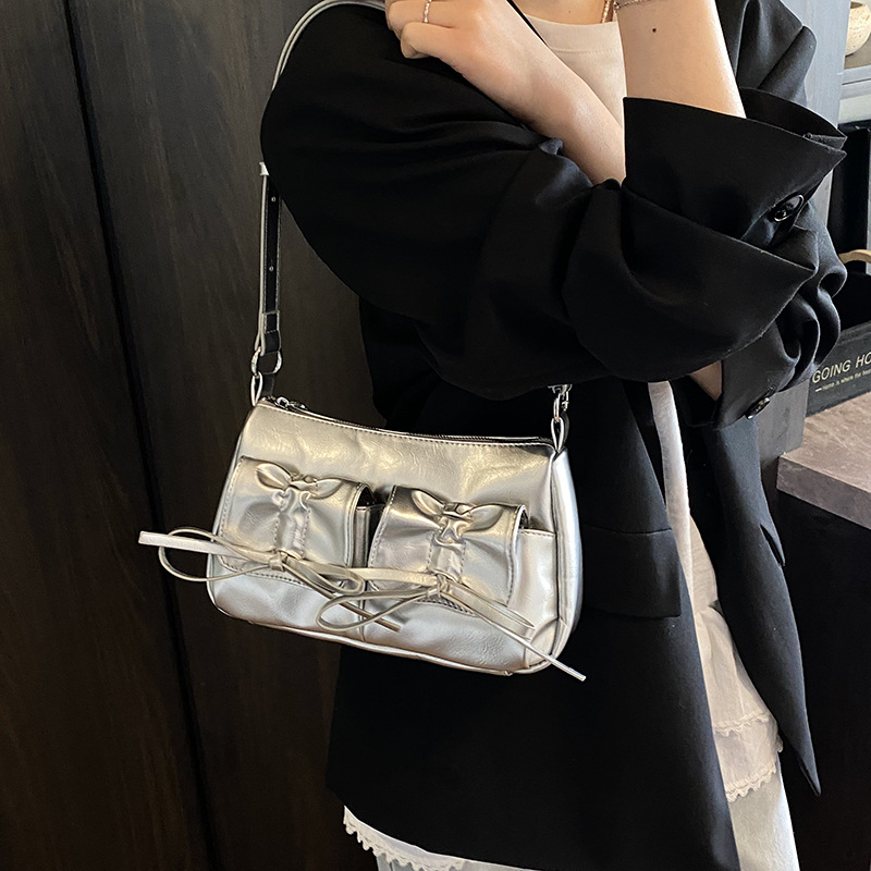 Cross-border fashion bow underarm bag for women, 2025 new versatile solid color single-shoulder bag, multi-pocket trendy crossbody bag Specification drawing